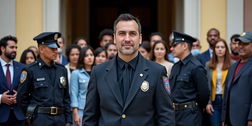 a group of people standing in front of a building with a police officer standing in front of it and