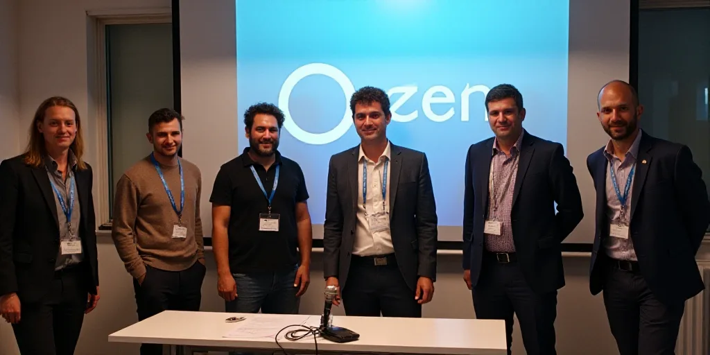 a group of people standing in front of a table with a microphone and a screen behind them that says