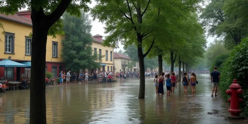 a group of people standing in a flooded street next to a building and trees with a red fire hydrant,