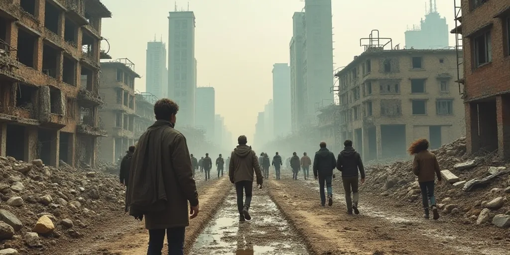 a group of people standing in a destroyed city with buildings in the background and people walking a