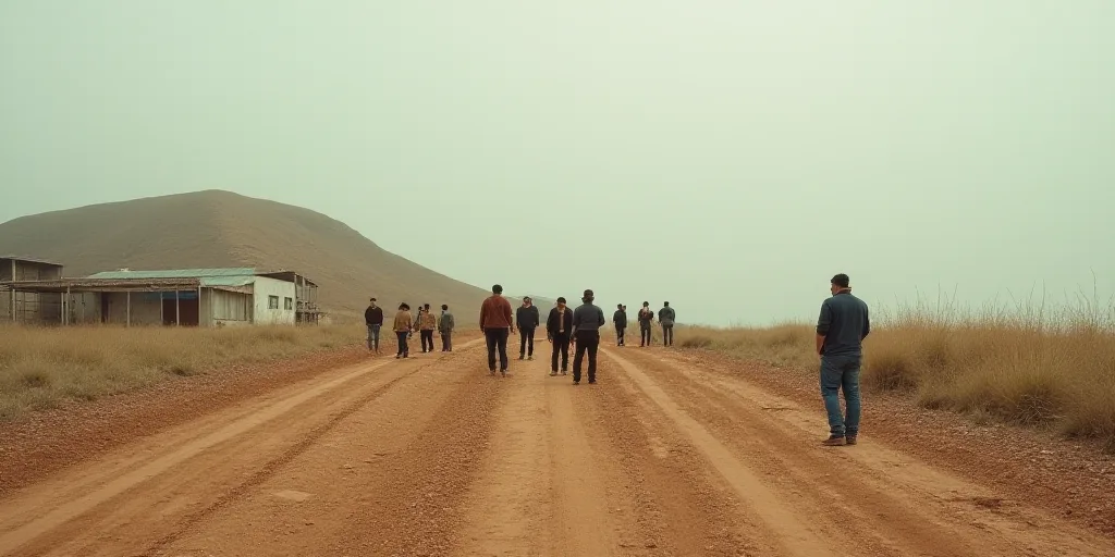 a group of people standing in the middle of a dirt field next to a building and a hill in the backgr