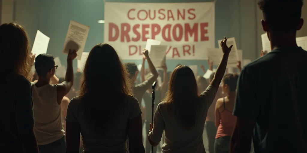 a group of people standing in front of a sign holding up papers and a microphone in front of them, A