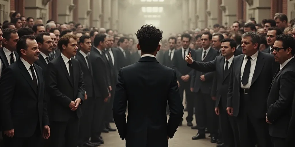 a group of people standing in front of a crowd of people in suits and ties, all pointing at somethin