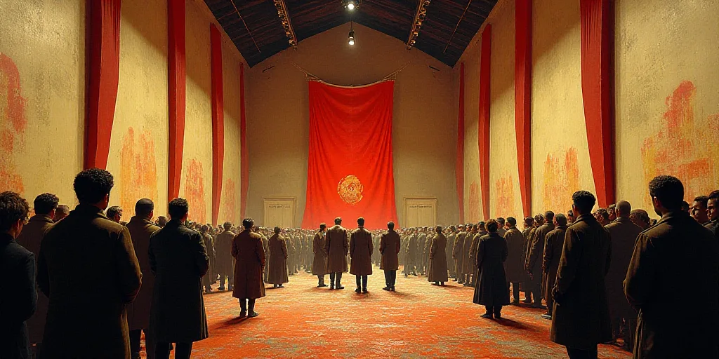 a group of people standing in a room with a flag on the wall and a stage with a flag on it, David Al