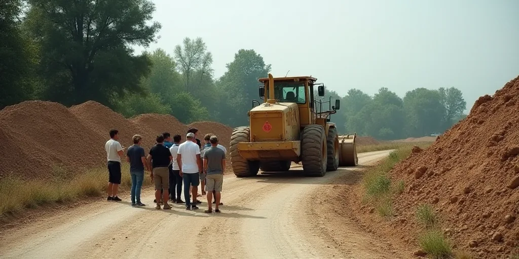 a group of people standing next to a pile of dirt and a bulldozer behind them on a road, Ceferí Oli