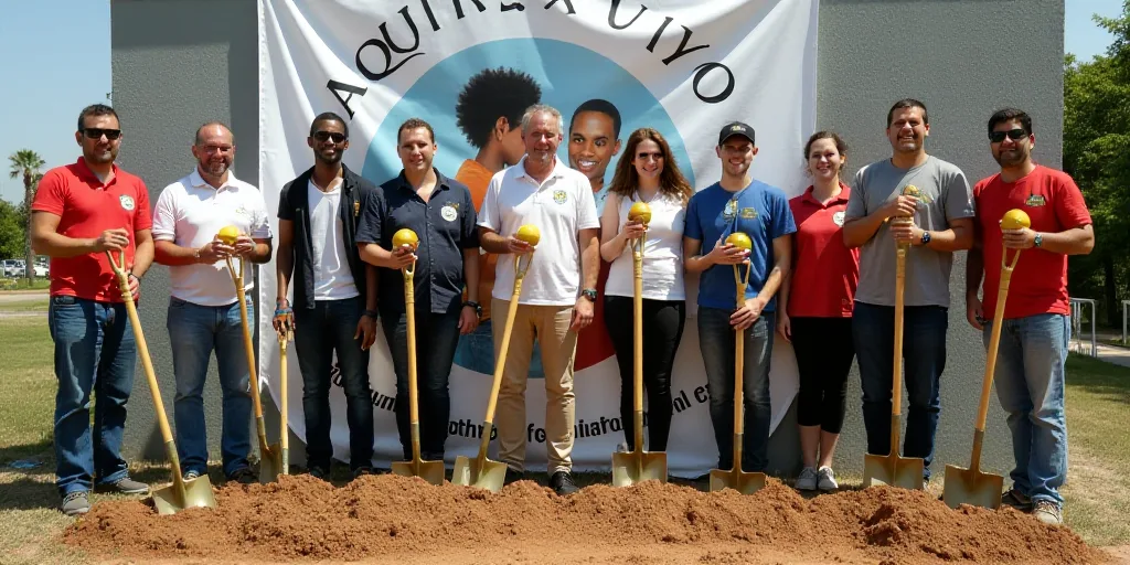 a group of people standing next to each other holding shovels and balls in front of a banner with a