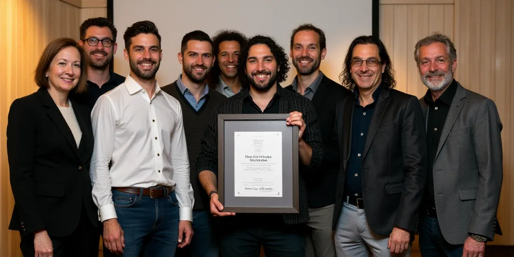 a group of people standing next to each other holding a plaque in their hands and smiling at the cam