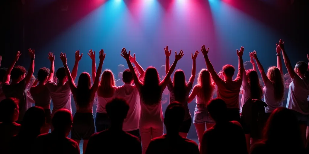 a group of people standing on a stage posing for a picture together with their hands up in the air,