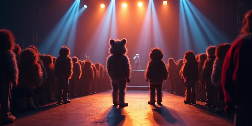 a group of people standing on a stage with lights on it and a stage set behind them with a man and w