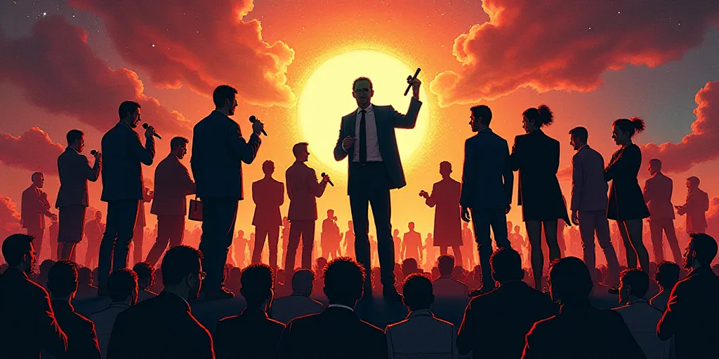 a group of people standing on a stage with microphones in their hands and a man in a suit and tie, E