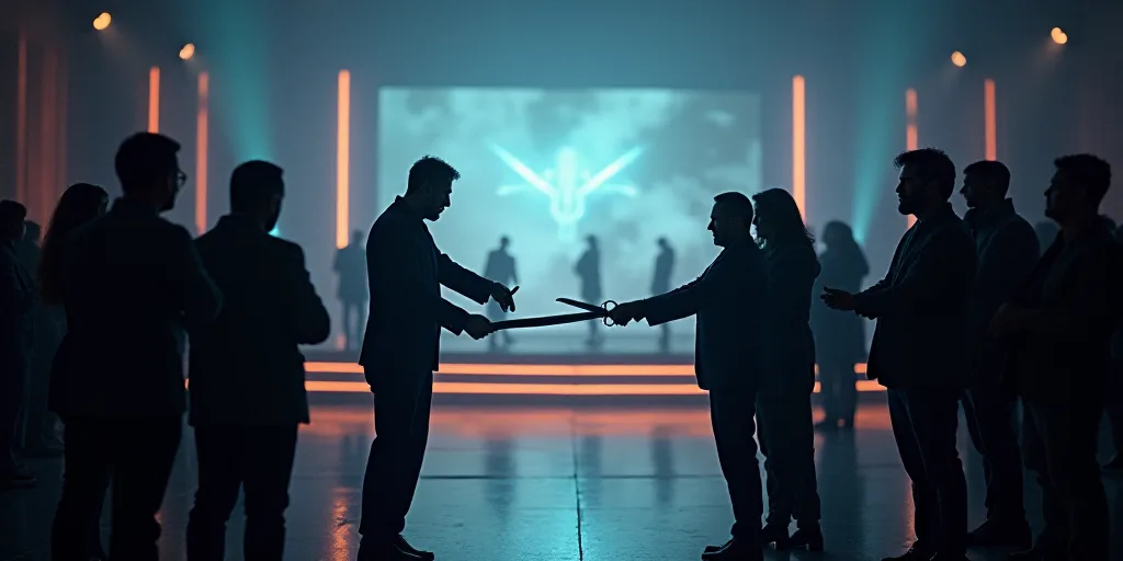 a group of people standing on a stage holding scissors in their hands and cutting a ribbon with a sw