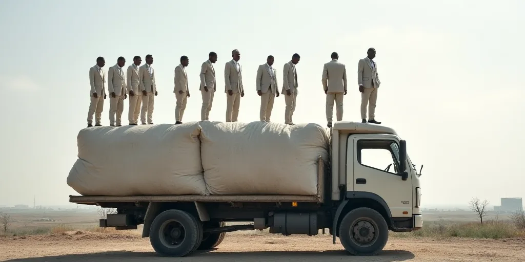 a group of people standing on top of a truck with bags on it's back and people standing on top of it