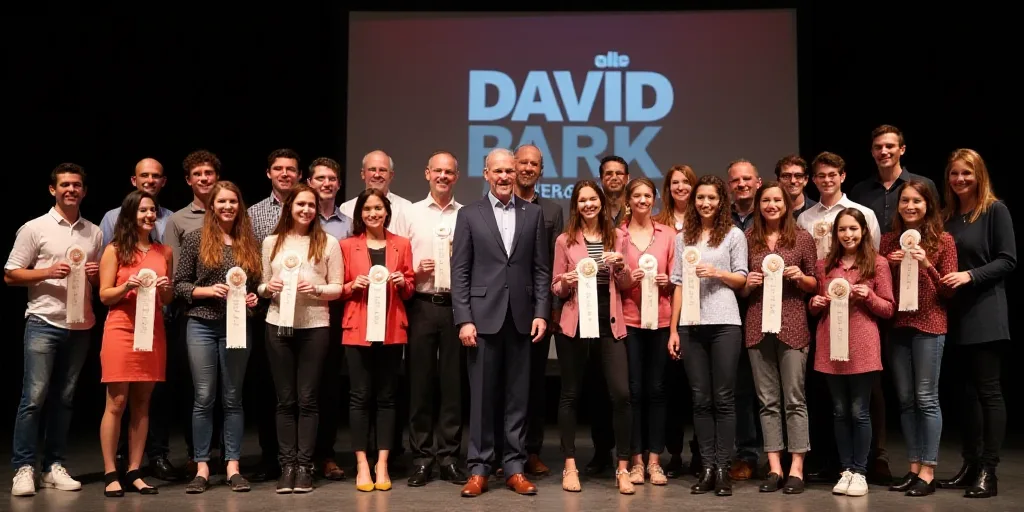 a group of people standing on a stage holding ribbons and posing for a picture with a man in a suit,