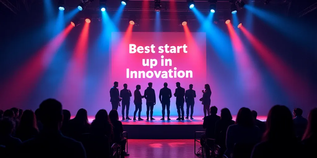 a group of people standing on a stage with a sign behind them that says best start up in innovation,