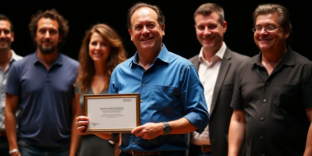 a group of people standing on a stage holding a plaque and smiling at the camera with a man in a blu