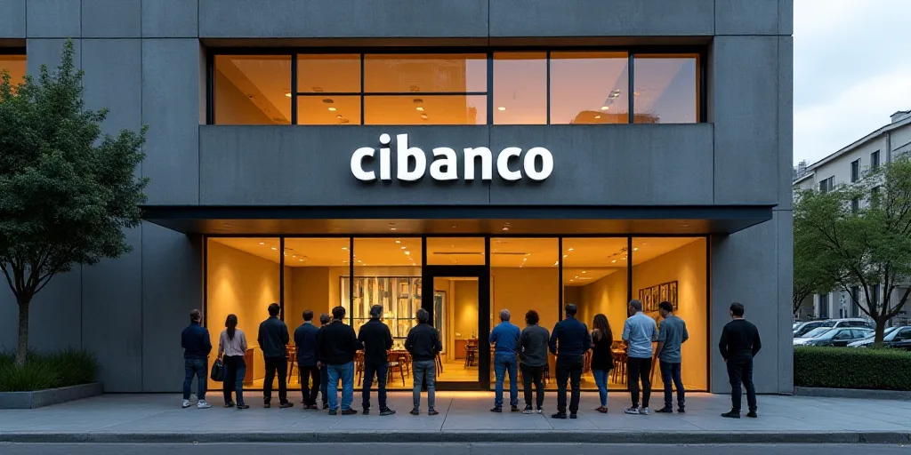 a group of people standing outside of a business building with a sign that says cibanco and cibanco,