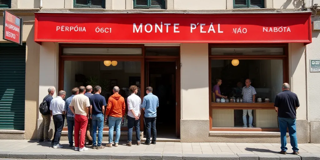 a group of people standing outside of a building with a red sign above it that says national monte d