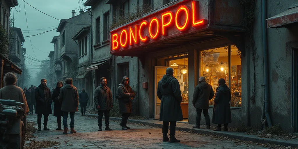 a group of people standing outside of a store front with a sign that says boncopol on it, Carpoforo