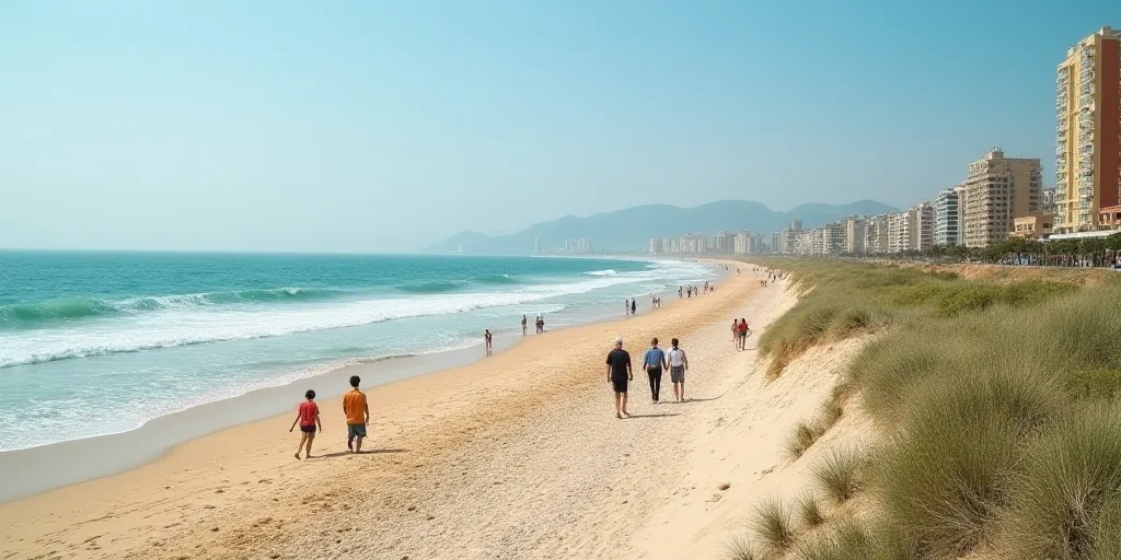 a group of people walking along a beach next to the ocean with buildings in the background and a few