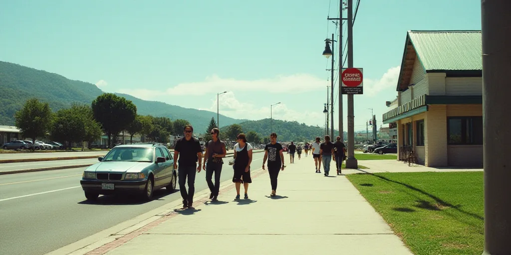 a group of people walking down a sidewalk next to a car and a building with a green roof and a sign