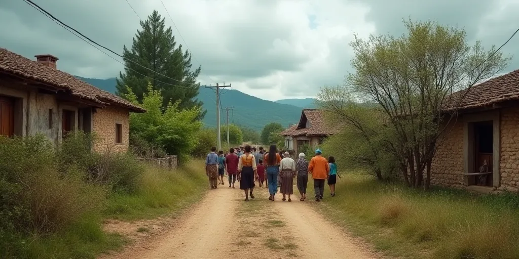 a group of people walking down a dirt road next to buildings and trees on a cloudy day in a village,