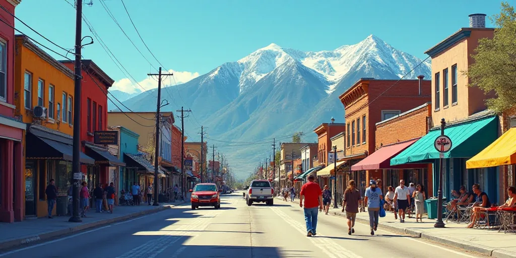 a group of people walking down a street next to tall buildings and mountains in the background with