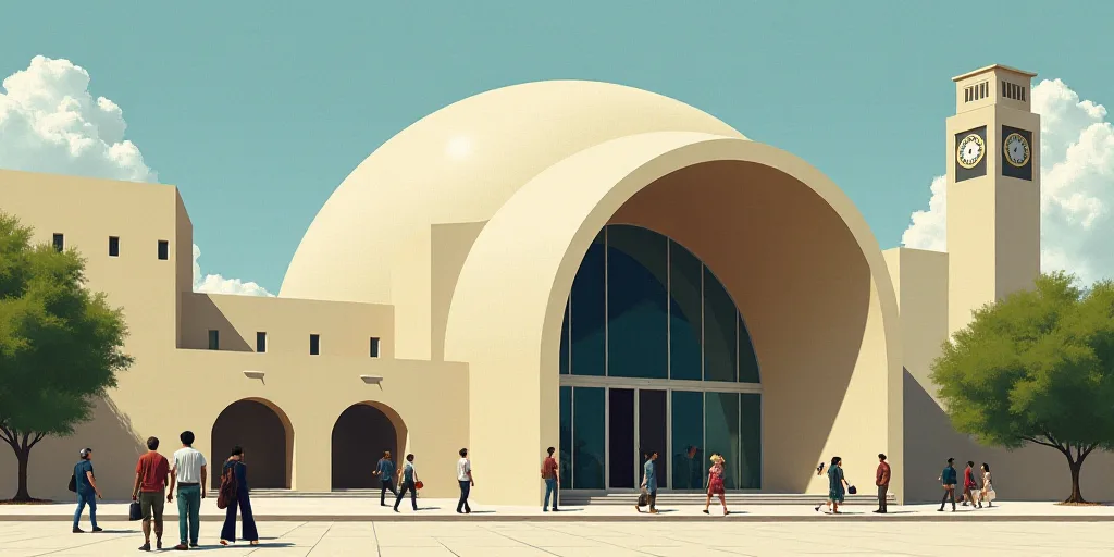 a group of people walking down a sidewalk next to a building with a domed glass front entrance and a