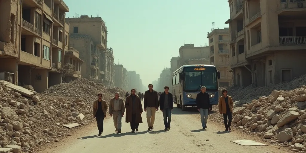 a group of people walking down a street next to a pile of rubble and buildings with a bus in the bac