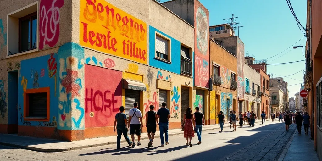 a group of people walking down a street next to a tall building with a red and white sign on it, Ber