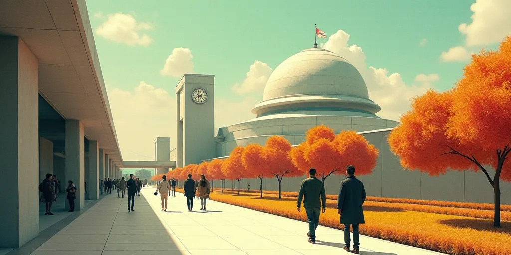 a group of people walking down a sidewalk next to a building with a dome on top of it and a clock on