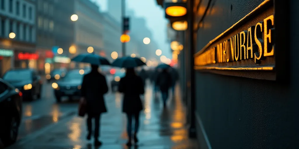 a group of people walking down a sidewalk with umbrellas in hand and a sign on the wall that says in
