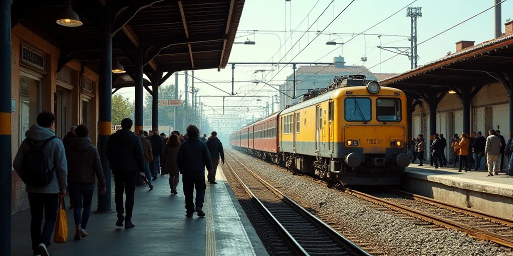 a group of people walking next to a train at a station with a train on the track and a train on the