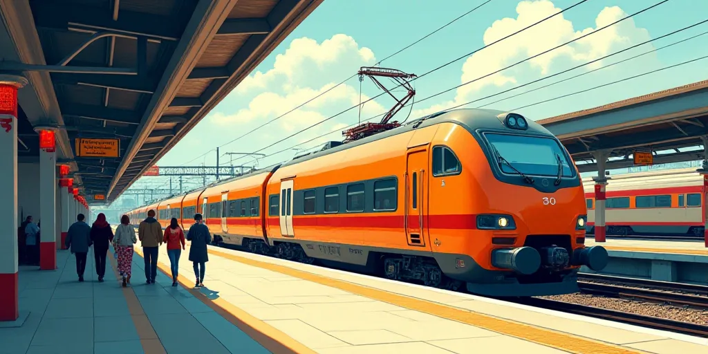 a group of people walking next to a train at a station with a train on the track and a train on the