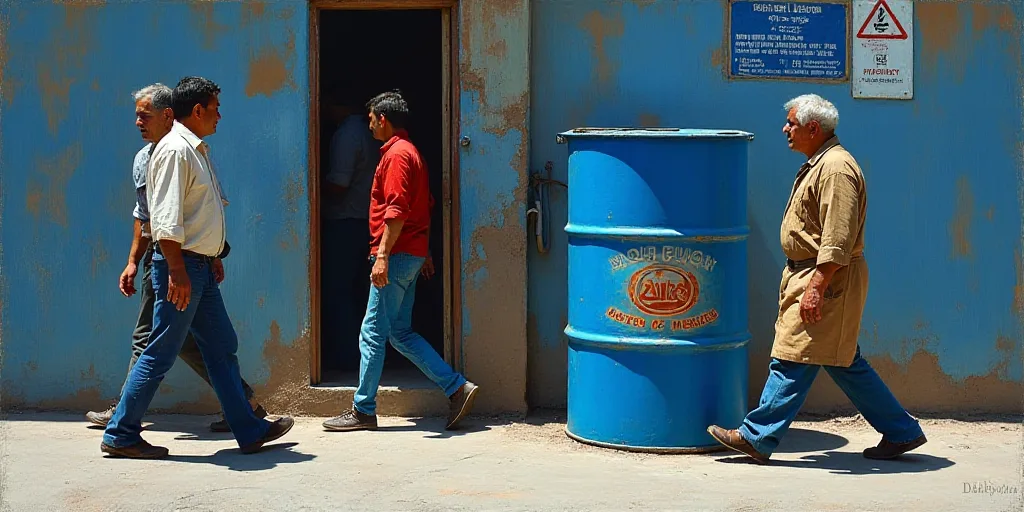 a group of people walking past a blue barrel with a logo on it and a blue and white sign, Dahlov Ipc