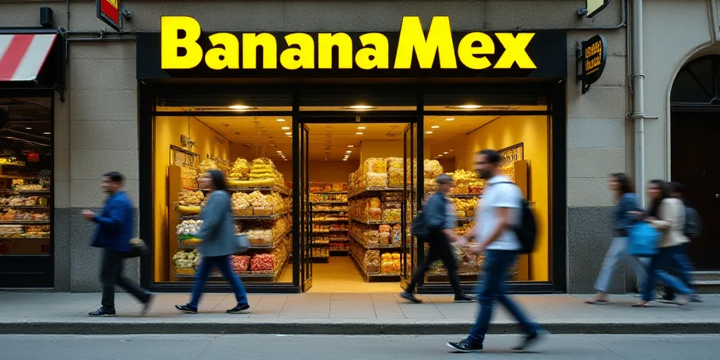 a group of people walking past a bananamex store front with a man walking by the entrance of the sto