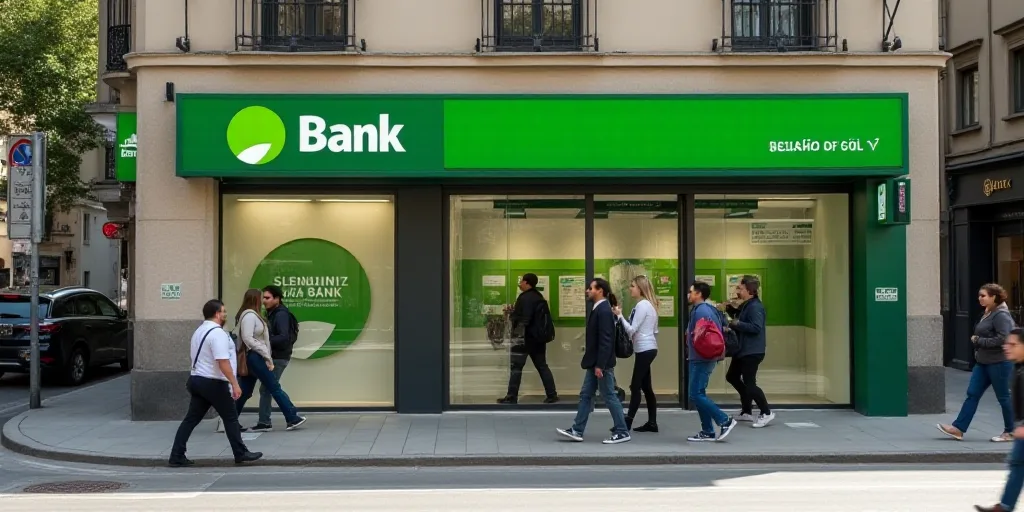 a group of people walking past a bank with a green sign on it's side of a building, Ceferí Olivé,