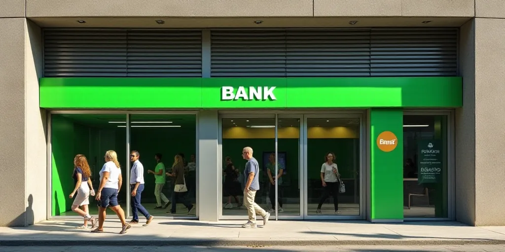 a group of people walking past a bank with a green sign on it's side of a building, Ceferí Olivé,