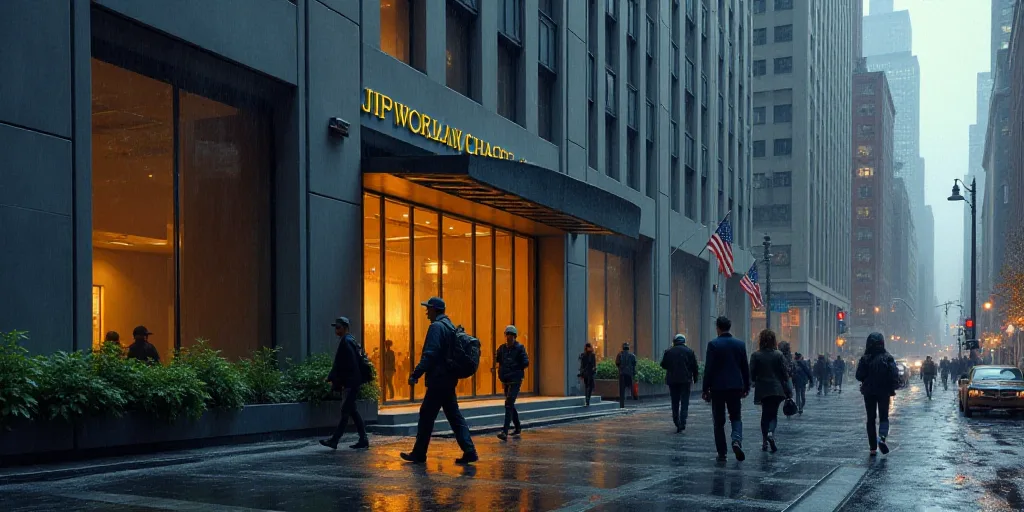 a group of people walking past a jp morgan chase building in new york city, ny, usa, on a rainy day,