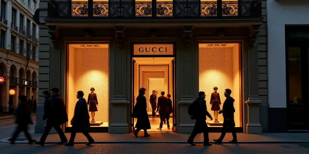 a group of people walking past a gucci store at night time, with the lights on and the doors open, B