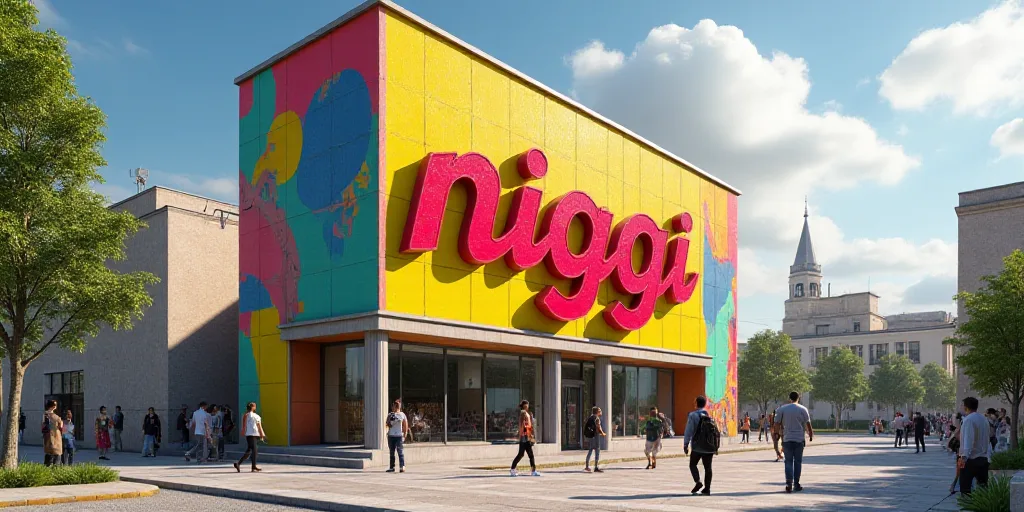 a group of people walking past a tall building with a sign on it's side that says ninggi, Diego Rive