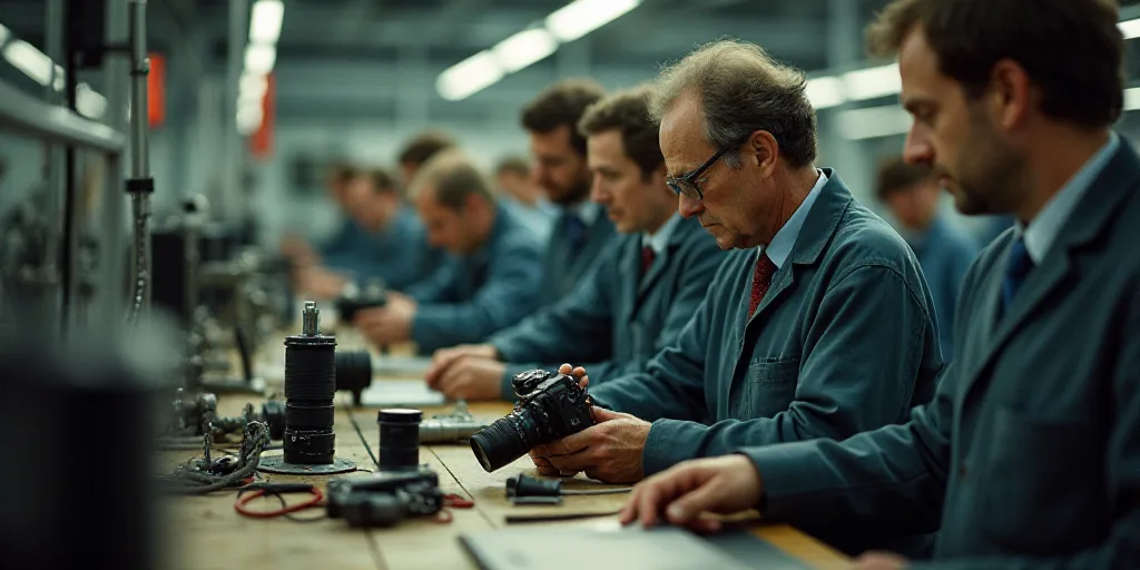 a group of people working on a project together in a factory or assembly line, with one man holding