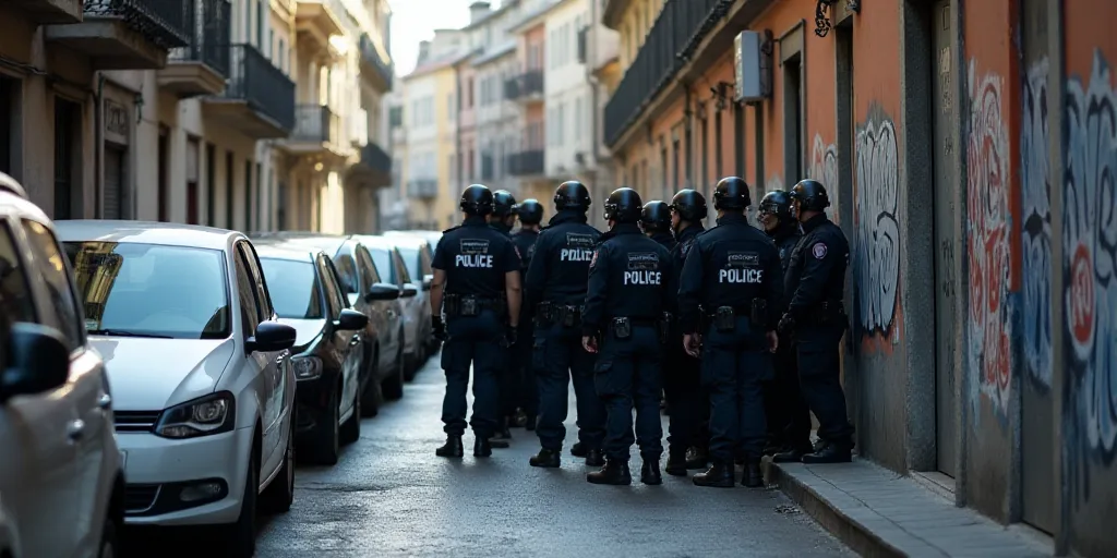 a group of police officers standing next to a line of parked cars in a city street with graffiti on