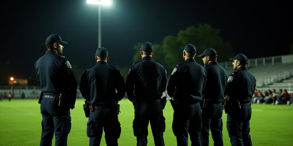 a group of police officers standing next to each other on a field at night time with people sitting