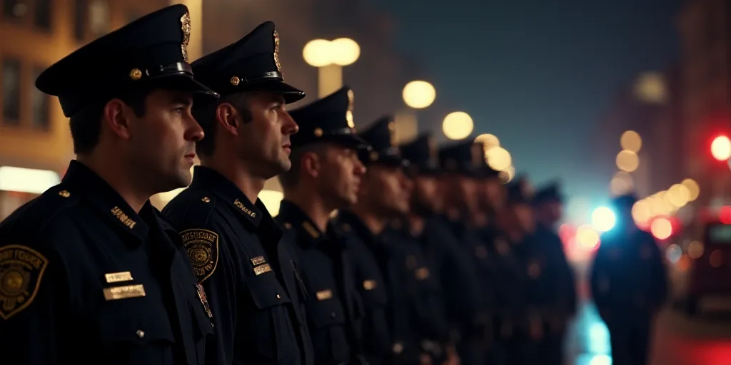 a group of police officers standing in a line at night time with their lights on and their uniforms