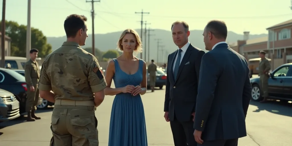 a group of soldiers standing in a parking lot talking to a woman in a blue dress and a man in a suit