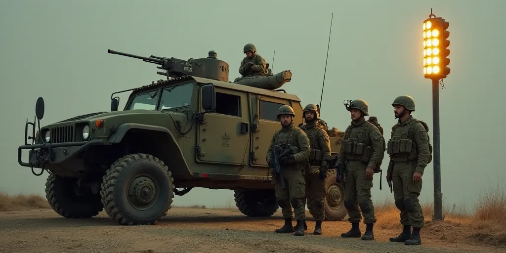 a group of soldiers standing in front of a military vehicle and a light pole with a light on it, Esa