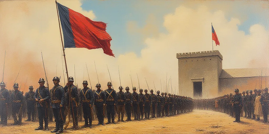 a group of soldiers standing in front of a flag and a building with a flag on it's side, David Alfar