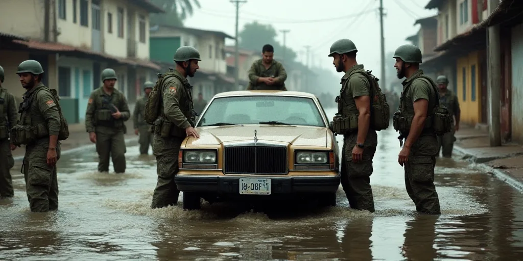 a group of soldiers standing next to a car in a flooded street with a man in the back of the car, Es