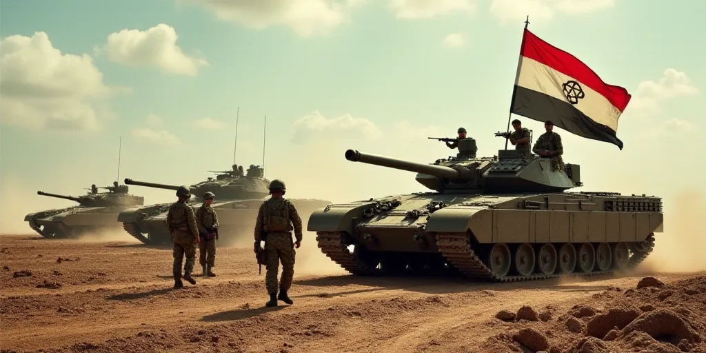 a group of soldiers standing next to a flag and tanks in the dirt with a flag on top of a tank, Afew