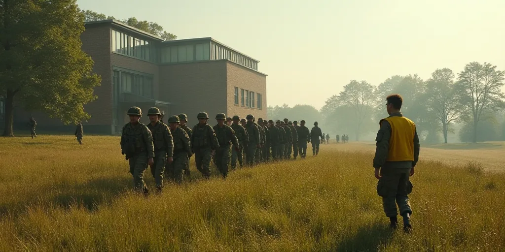 a group of soldiers walking across a field next to a building and trees in the background with a man